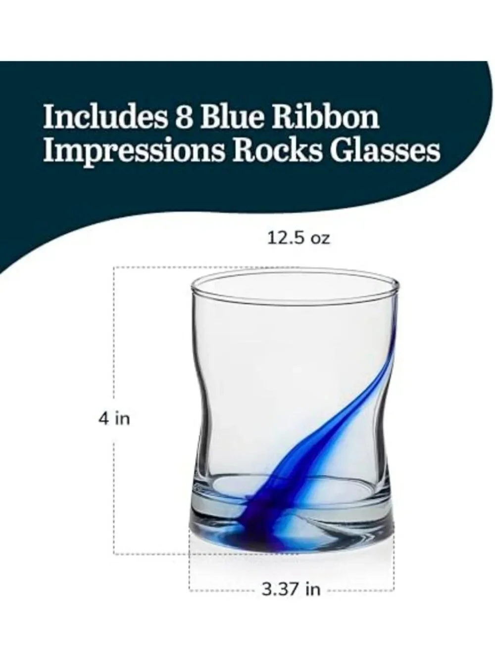 Artisan-Inspired Blue Ribbon Rock Glasses Set of 8, Dishwasher Safe Whiskey Cups